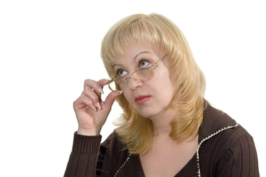 The woman in glasses on a white background