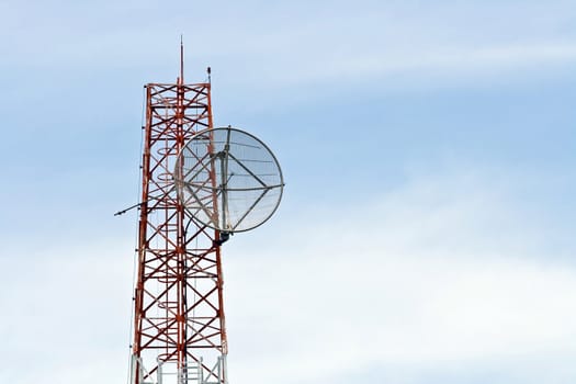 Satellite Dish on Telecommunication Radio antenna Tower with blue sky