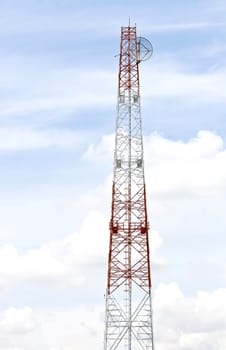 Satellite Dish on Telecommunication Radio antenna Tower with blue sky