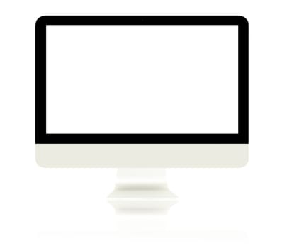 Computer Monitor and its reflection with blank white screen isolated on white background.