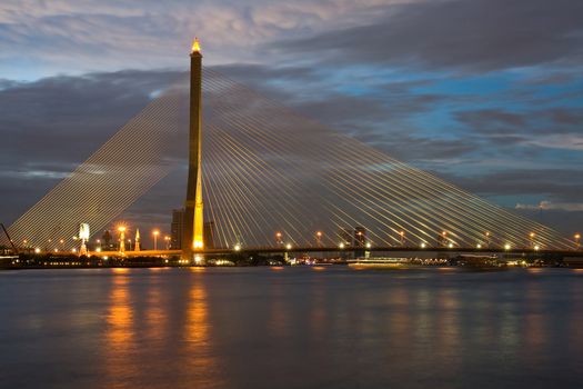 Thailand Mega Sling Bridge,Rama 8, near Habour at Dusk in Bangkok
