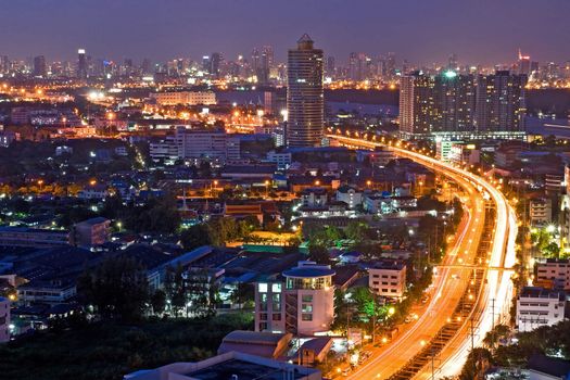 Bangkok Freeway to City Top View at dusk in bangkok, Thailand