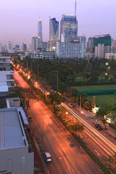 Light Trail to Bangkok skyscraper in Business Zone