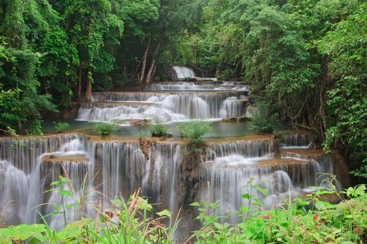Huay Mae Khamin Waterfall, Paradise waterfall in Tropical rain forest of Thailand,closeup