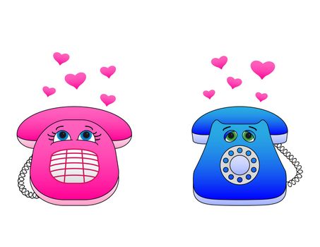 Valentines cartoon: desktop phones, enamoured each other, communicate calls.