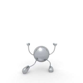 metal sphere with arms and legs holding a white panel