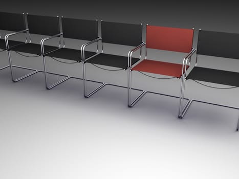 a black and contemporary chairs with one red on grey background