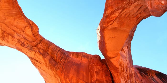 View below Double Arch of Arches National Park in Utah.