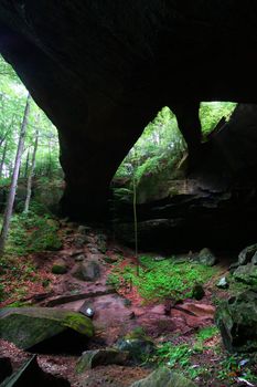 Natural Rock Bridge towering over the dense forests of Alabama.