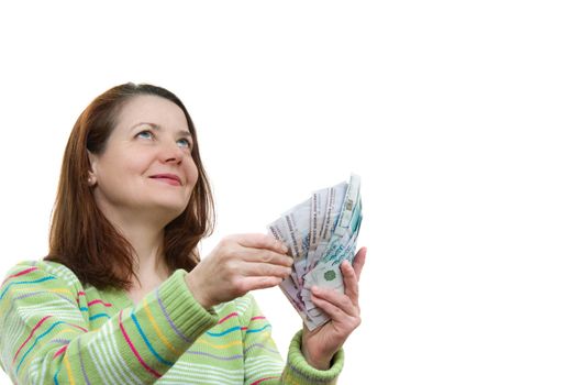 The woman with money for a white background