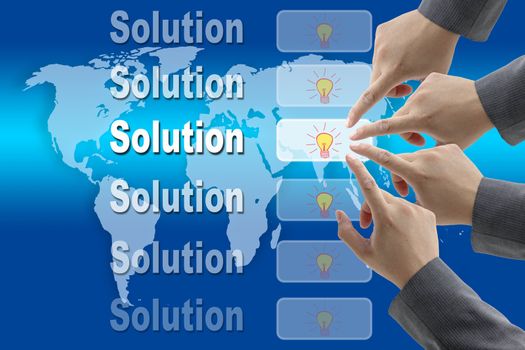 male business hand pushing on Innovation button with world map background