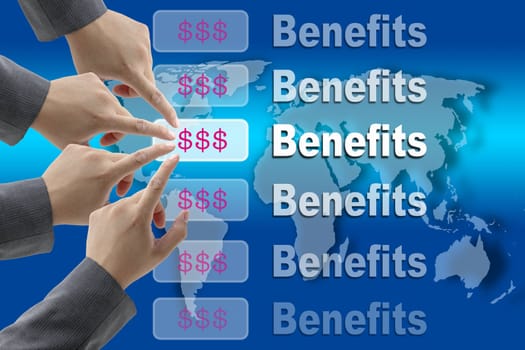 business team pushing on Benefits button with world map background