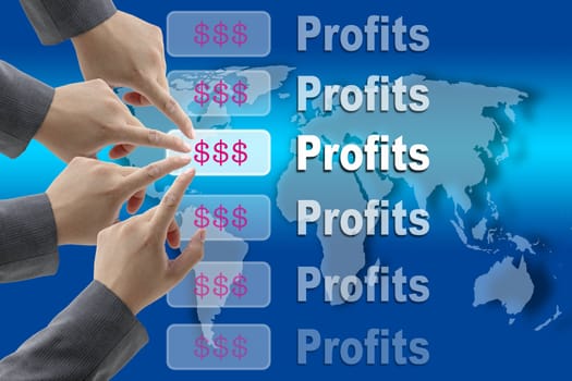 business team pushing on Profits button with world map background