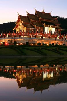 Reflection of Royal Pavilion in dusk, Thai Lanna Temple at Chianmai Northern of Thailand