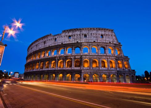 Colosseum at dusk from in front of Metro, Rome Italy
