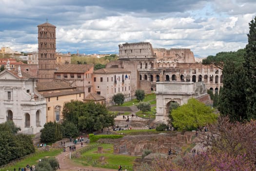 aerial view of Colosseum from roman forum Rome Italy