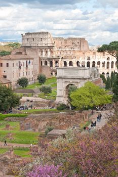 aerial view of Colosseum from roman forum Rome Italy with cloud scape