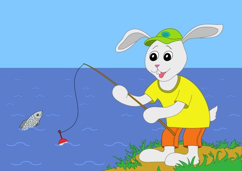 The cheerful hare in a cap fishes on a fishing tackle in the sea