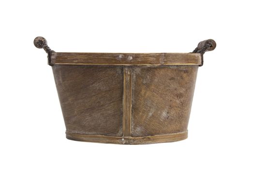 Empty bushel basket with a wood handle on white background
