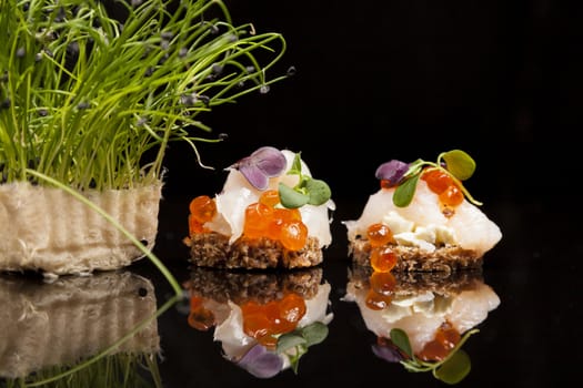 fresh salmon, cheese, and herbs canapes, Japanese meal, healthy food concept