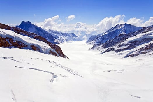 Landscape of Great Aletsch Glacier Jungfrau region,Part of Swiss Alpine Alps at Switzerland. Great Aletsch Glacier is one of the World Heritage by UNESCO