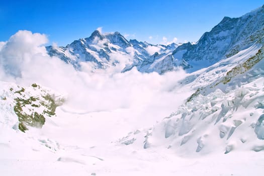 Landscape of Mist at Jungfraujoch, part of Swiss Alpine Alps and ski path at Interlaken Switzerland.