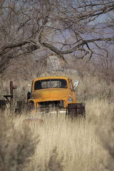 an old abandoned orange truck in the farm lands.