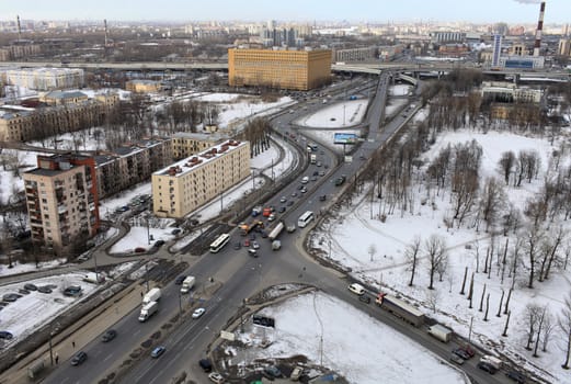 Aerial view of the a large city St. Petersburg  in winter
