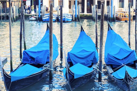 Three gondolas in Venice, Grand Canal, Italy. 