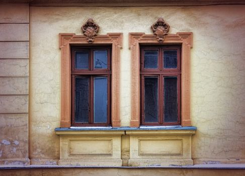 Wooden windows in old building in  Lviv (Ukraine)