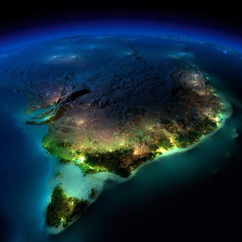 Highly detailed Earth, illuminated by moonlight. The glow of cities sheds light on the detailed exaggerated terrain and translucent water of the oceans. Elements of this image furnished by NASA