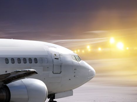 airport and white plane at non-flying weather, snowstorm