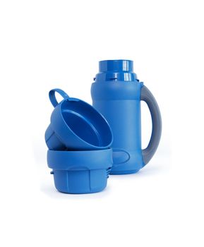 Open modern blue thermos and two empty cups on white background. Isolated with clipping path
