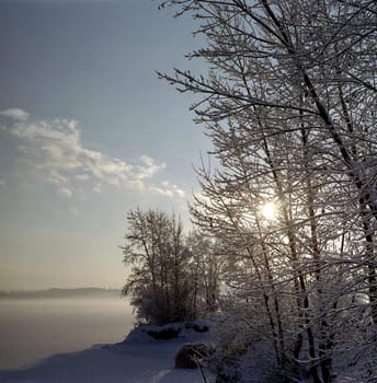 Sunrise in the winter in Siberia