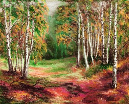 Picture, landscape, autumn forest. Hand draw, drawing a pastel on a cardboard
