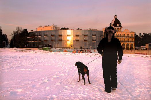 Men with rottweiler working near the glass house. Winter view