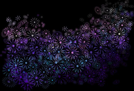 Abstract illustration depicting many pale blue, violet and pink flowers against black background.