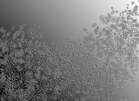 Abstract monochrome illustration depicting many pale flowers with metallic effect.