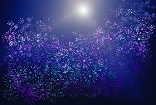 Abstract illustration depicting many pale pastel colour flowers against blue background with strong directional sunlight.