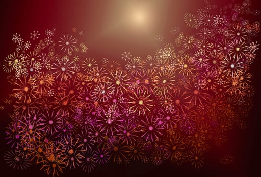 Abstract illustration depicting many flowers in warm colours against dark red background with strong directional sunlight.