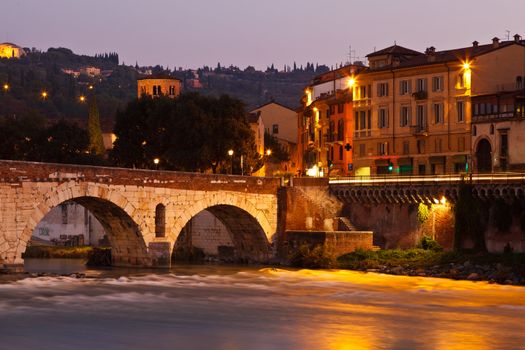 Roman Bridge in the Morning Light in Verona, Italy