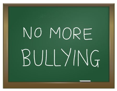 Illustration depicting a green chalk board with the words 'no more bullying' written on it in white chalk.