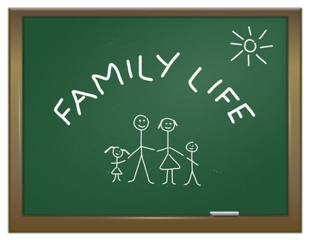 Illustration depicting a green chalk board with a family concept written on it in white chalk.
