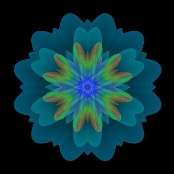 Blue 3D mandala with a star shaped central motif. It is done in shades of blue and green with a touch of orange. It is isolated on a black background.