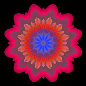A mandala shaped abstract illustration with a starburst central motif. It is done in orange and blue and floats on a black background. 