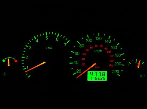 Close up of car dashboard gauges at night.