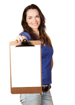 Beautiful young woman smiling and holding out a blank clipboard towards camera
