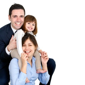 Portrait of young couple having fun with their daughter. Isolated on white background.