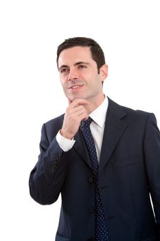 Handsome young business man in blue suit with wondring face expression.Isolated on white.