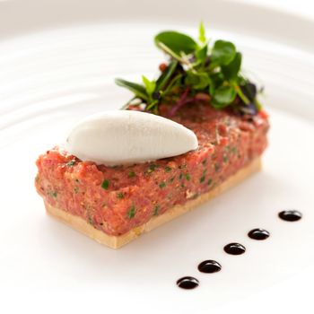 Close up of beef tartar with foie gras